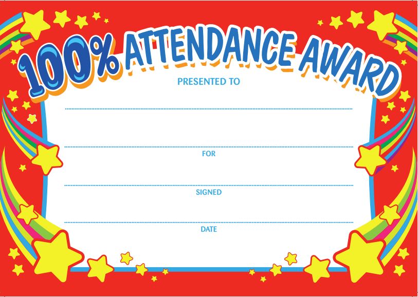 100% Attendance Award Certificates (20 per pack)