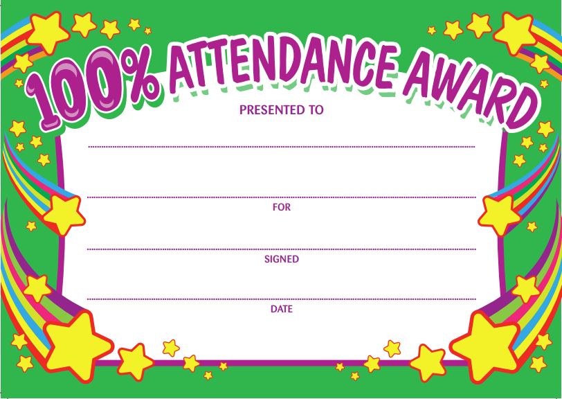 100% Attendance Award Certificates (20 per pack)