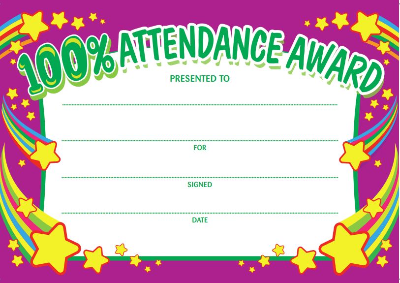 100% Attendance Award Certificates (20 per pack)